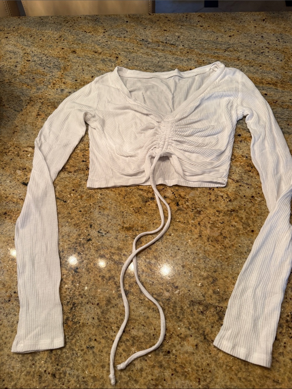 ALO Yoga White Ribbed Ruched Drawstring Long-Sleeve Crop Top